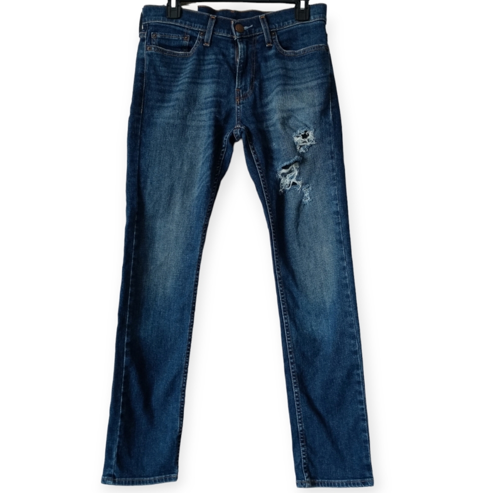 HOLLISTER MEN'S RIPPED SKINNY JEANS. SIZE 29x30. COLOR DARK WASH BLUE.